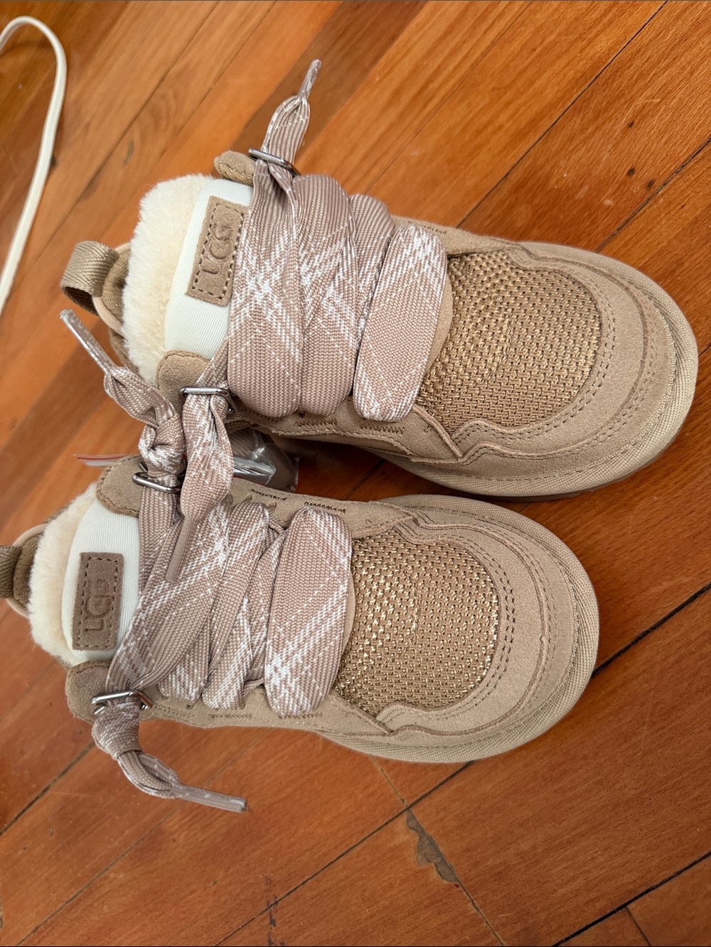 UGG Kids Beige/Tan Plush-Lined Ribbon Lace Sneakers